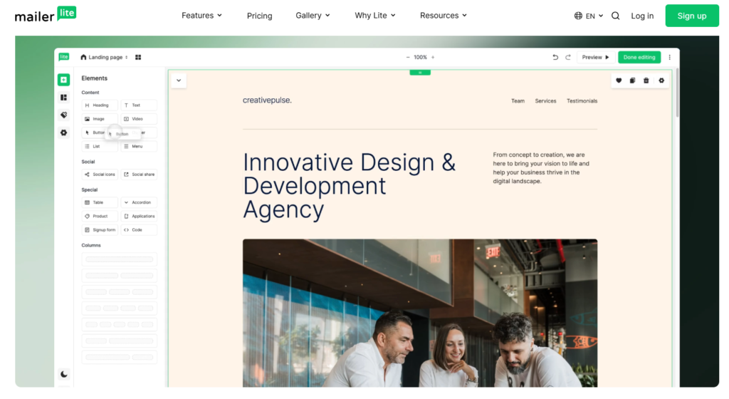 MailerLite drag and drop email editor
