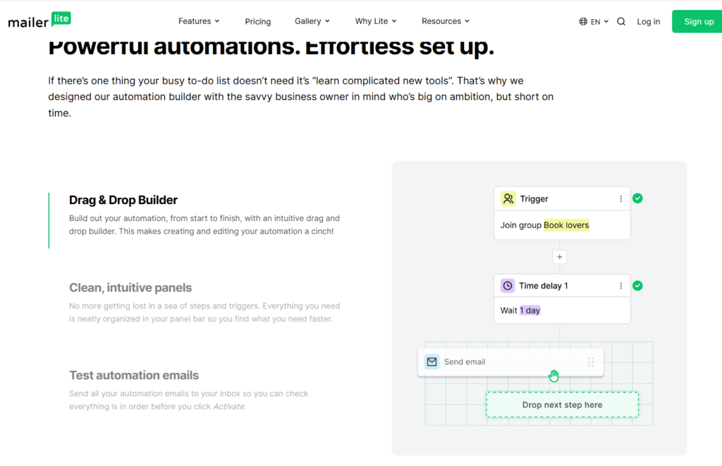 MailerLite automation workflow features