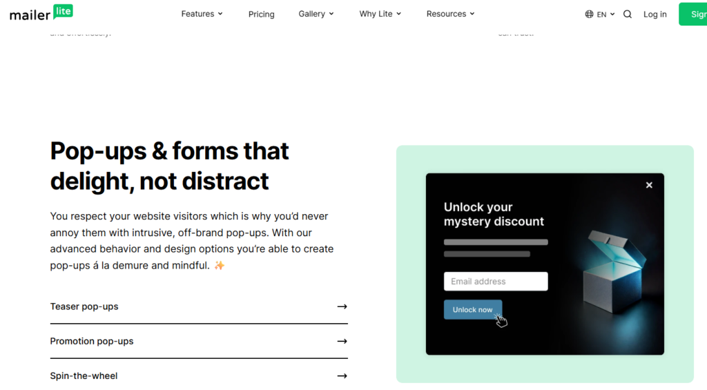Key features available in MailerLite