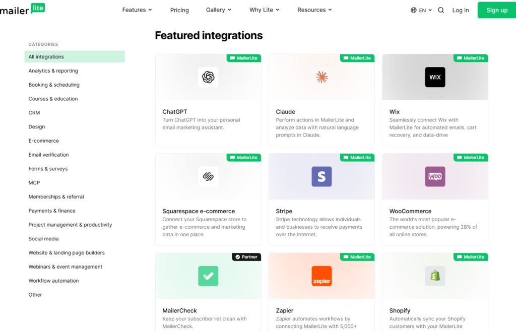 MailerLite integrations marketplace