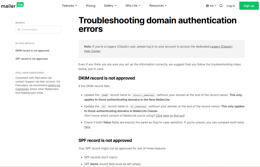 MailerLite email authentication settings