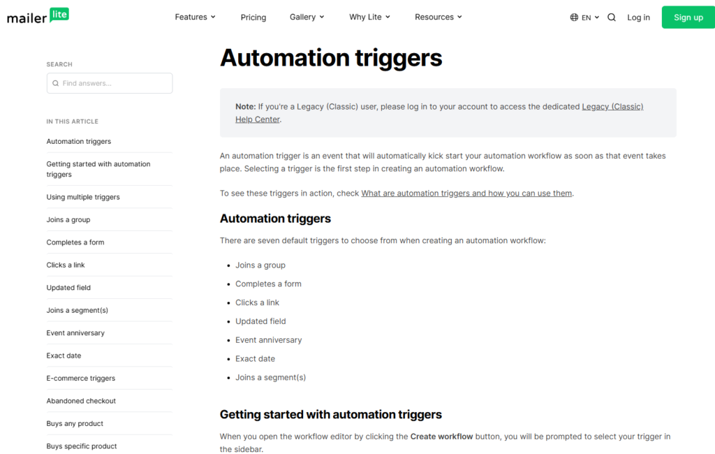 MailerLite automation trigger options