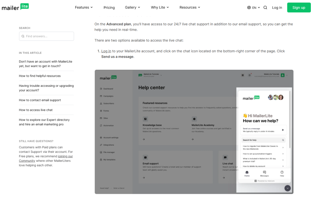 MailerLite live chat customer support