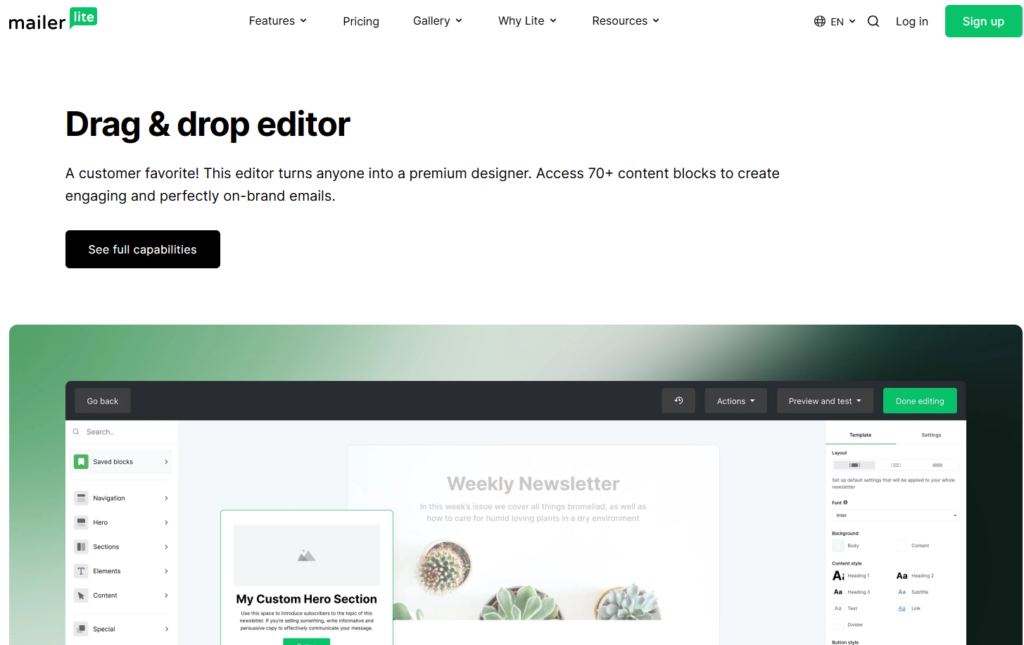 MailerLite drag and drop landing page editor