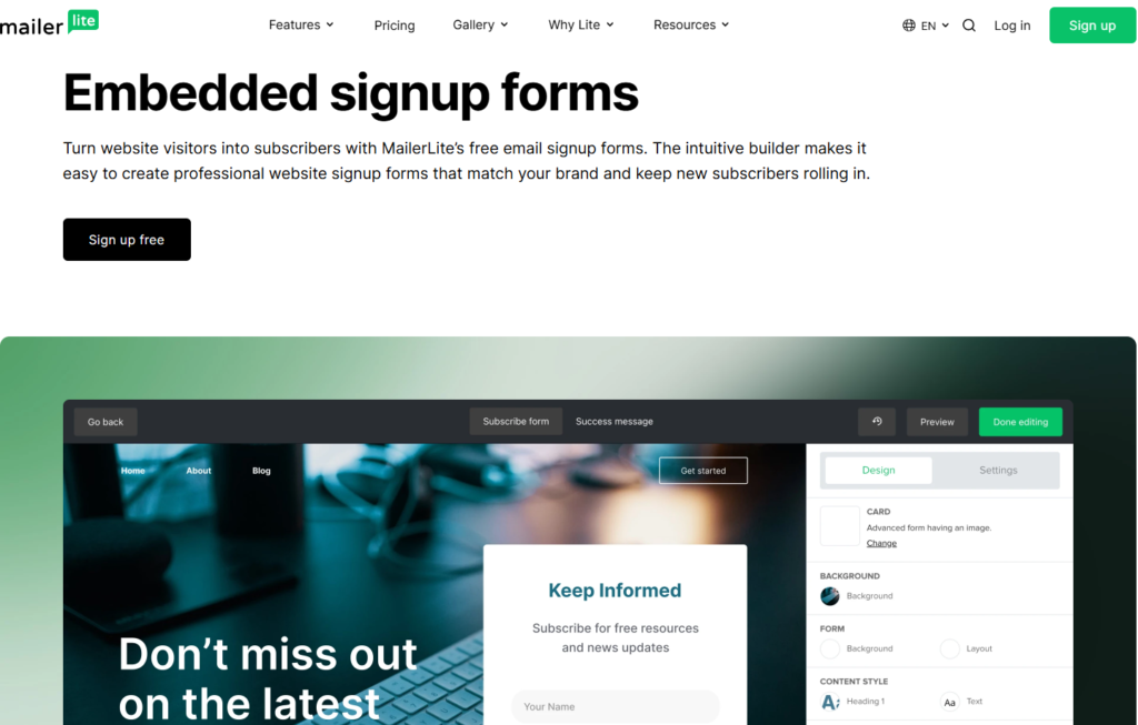 MailerLite landing page signup form