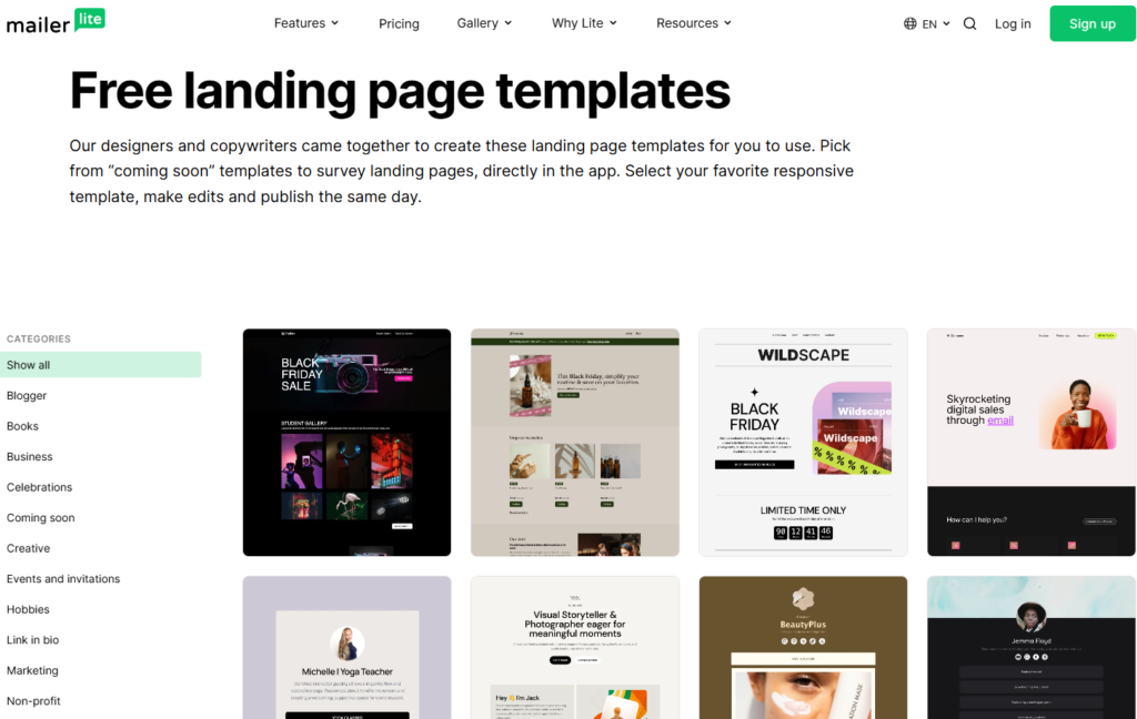 mailerlite Free landing page templates