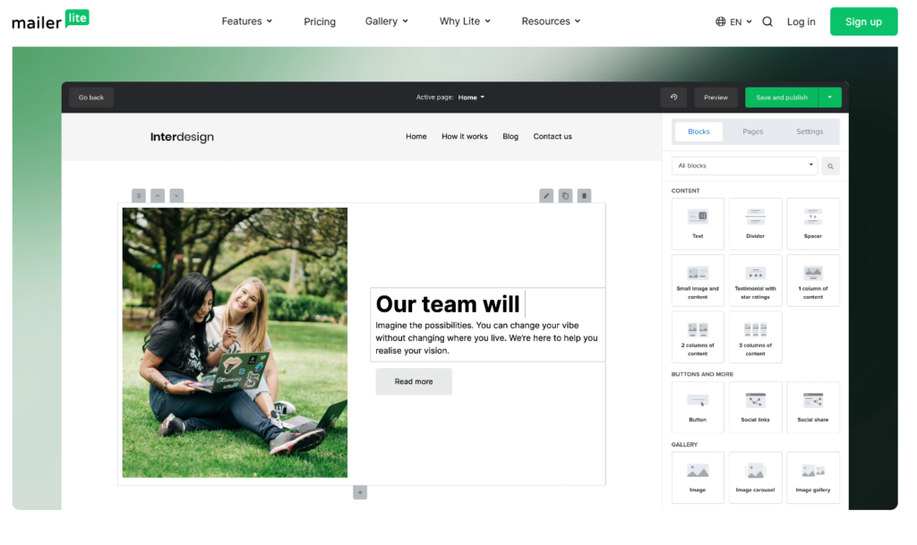 MailerLite drag and drop email editor