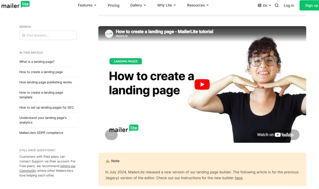 MailerLite landing page builder tutorial