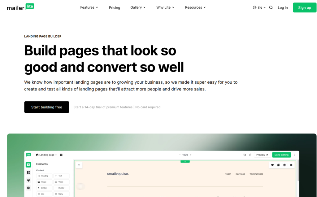 MailerLite landing page builder template